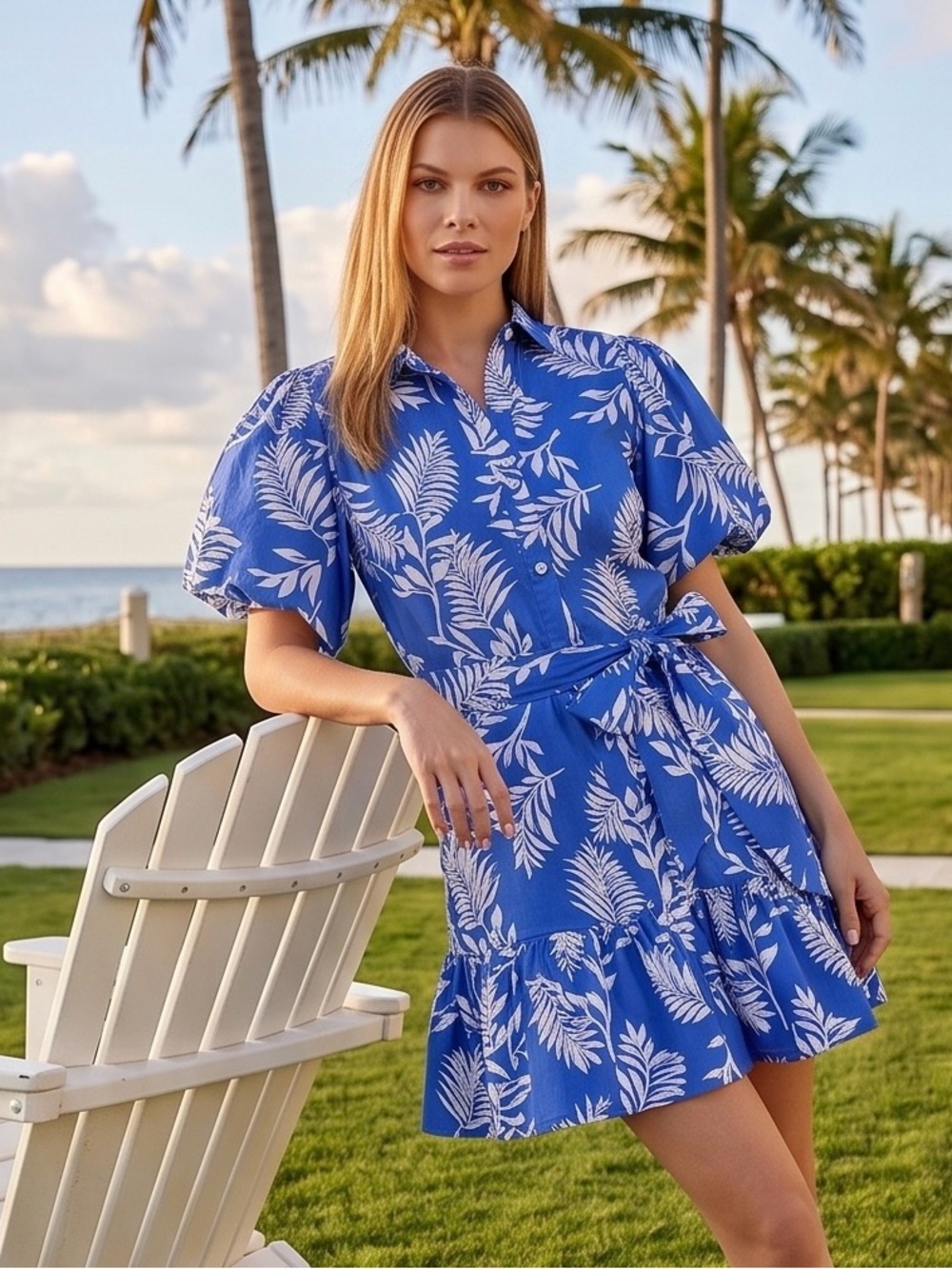 ✨ Sugarlips Blue Tropical Palm Print Puff Sleeve Mini Shirt Dress  size S ✨